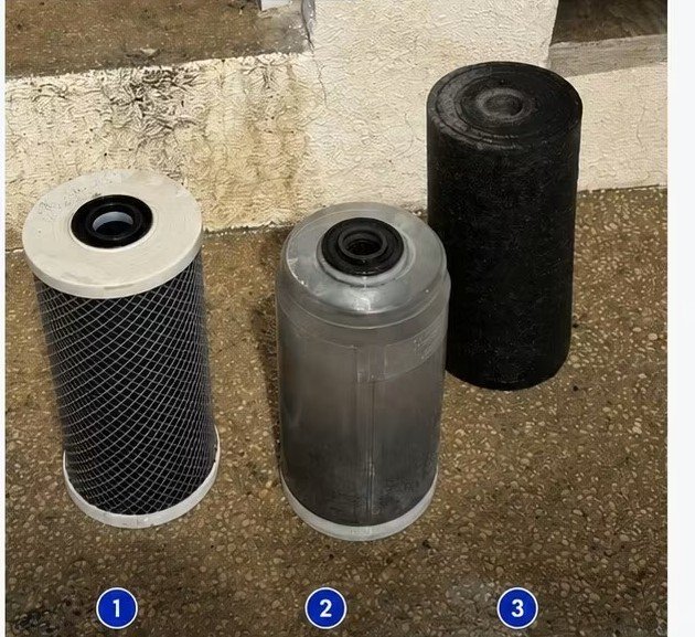 Dirty sediment, carbon and polishing filters removed from a Cabo home